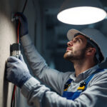 A photograph of a skilled electrician using the maxim countermax 89801al lighting fixture in a well-lit