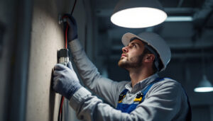 A photograph of a skilled electrician using the maxim countermax 89801al lighting fixture in a well-lit