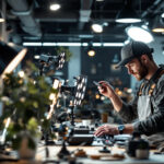 A photograph of a lighting contractor engaging with modern lighting technology in a well-lit commercial space