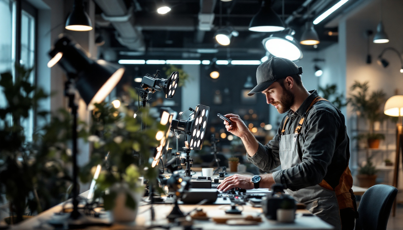 A photograph of a lighting contractor engaging with modern lighting technology in a well-lit commercial space