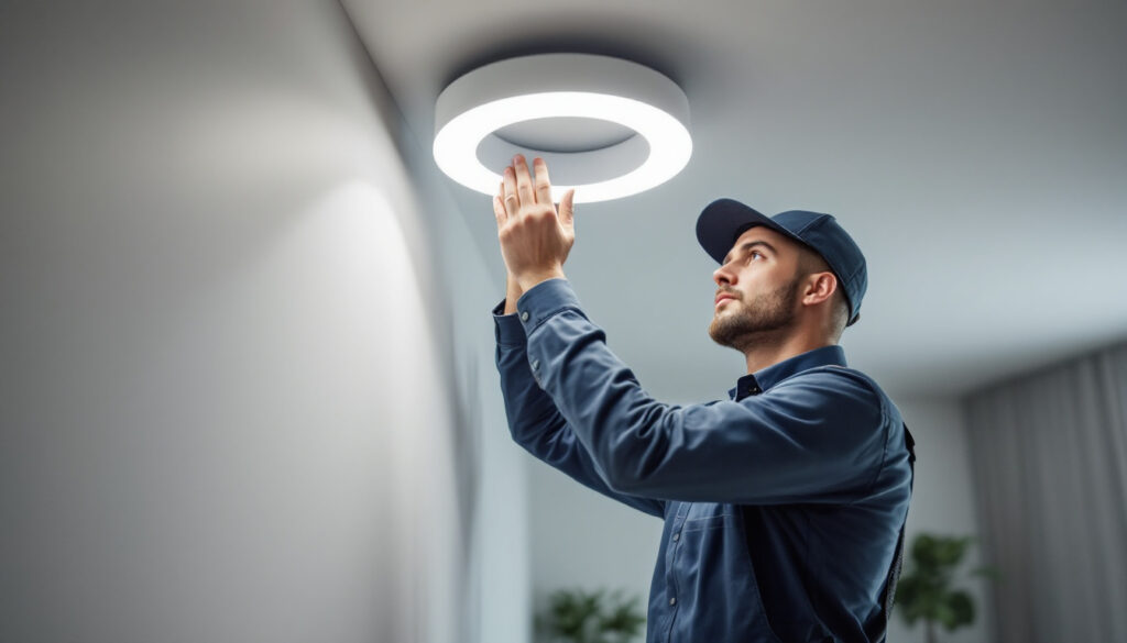 A photograph of a lighting contractor expertly installing a sleek