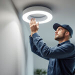 A photograph of a lighting contractor expertly installing a sleek