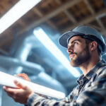 A photograph of a lighting contractor installing led fluorescent tube lights in a commercial space