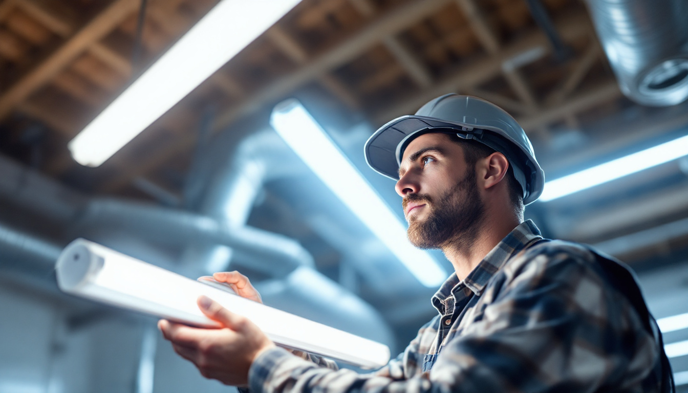 A photograph of a lighting contractor installing led fluorescent tube lights in a commercial space