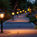 A photograph of a beautifully illuminated pathway featuring solar-powered lights