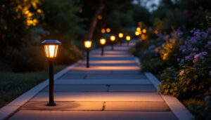 A photograph of a beautifully illuminated pathway featuring solar-powered lights