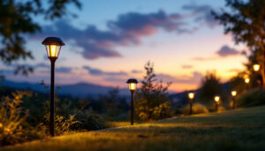 A photograph of a beautifully illuminated outdoor space featuring solar-powered lights in various styles