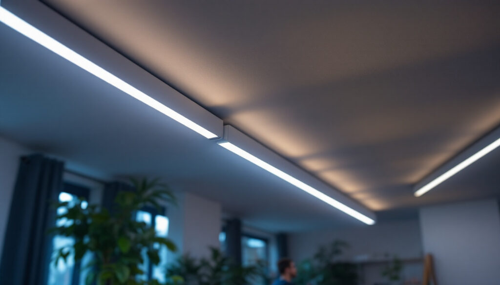 A photograph of a well-lit room featuring sleek led tube lights installed along the ceiling