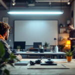 A photograph of a well-lit workspace showcasing a t8 lighting installation in progress