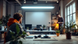 A photograph of a well-lit workspace showcasing a t8 lighting installation in progress