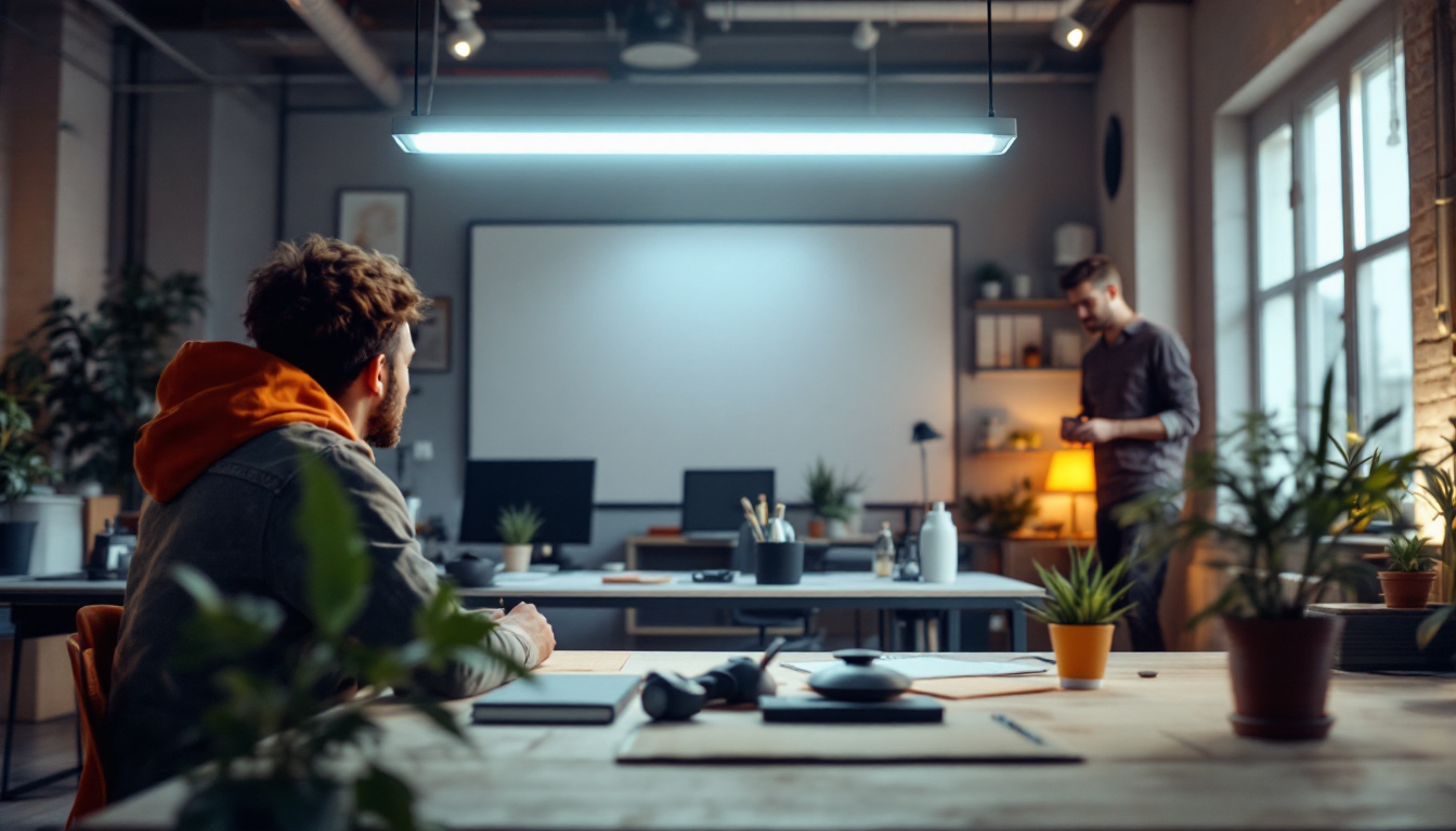 A photograph of a well-lit workspace showcasing a t8 lighting installation in progress