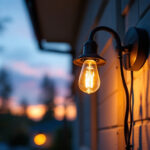 A photograph of a lighting contractor installing an outdoor light fixture in a residential setting