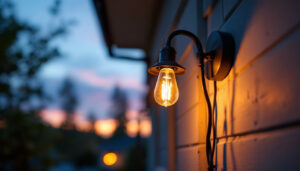 A photograph of a lighting contractor installing an outdoor light fixture in a residential setting