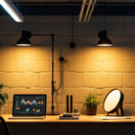 A photograph of a well-lit workspace featuring both t12 and t8 fluorescent light fixtures side by side