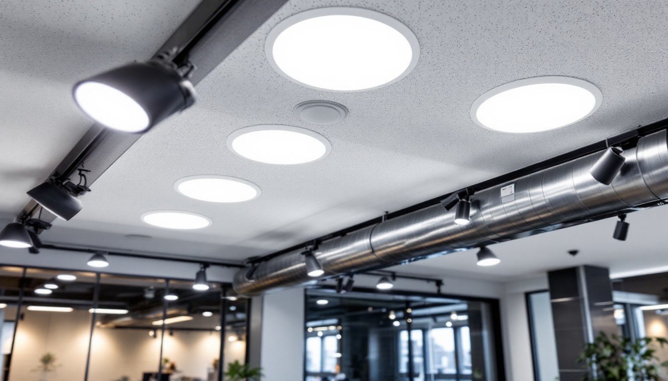 A photograph of a well-lit commercial space featuring recessed light fixtures installed in a suspended ceiling