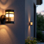 A photograph of a stylish led outdoor wall lantern mounted on a textured exterior wall