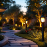 A photograph of a beautifully landscaped outdoor space illuminated by stylish solar lights at dusk