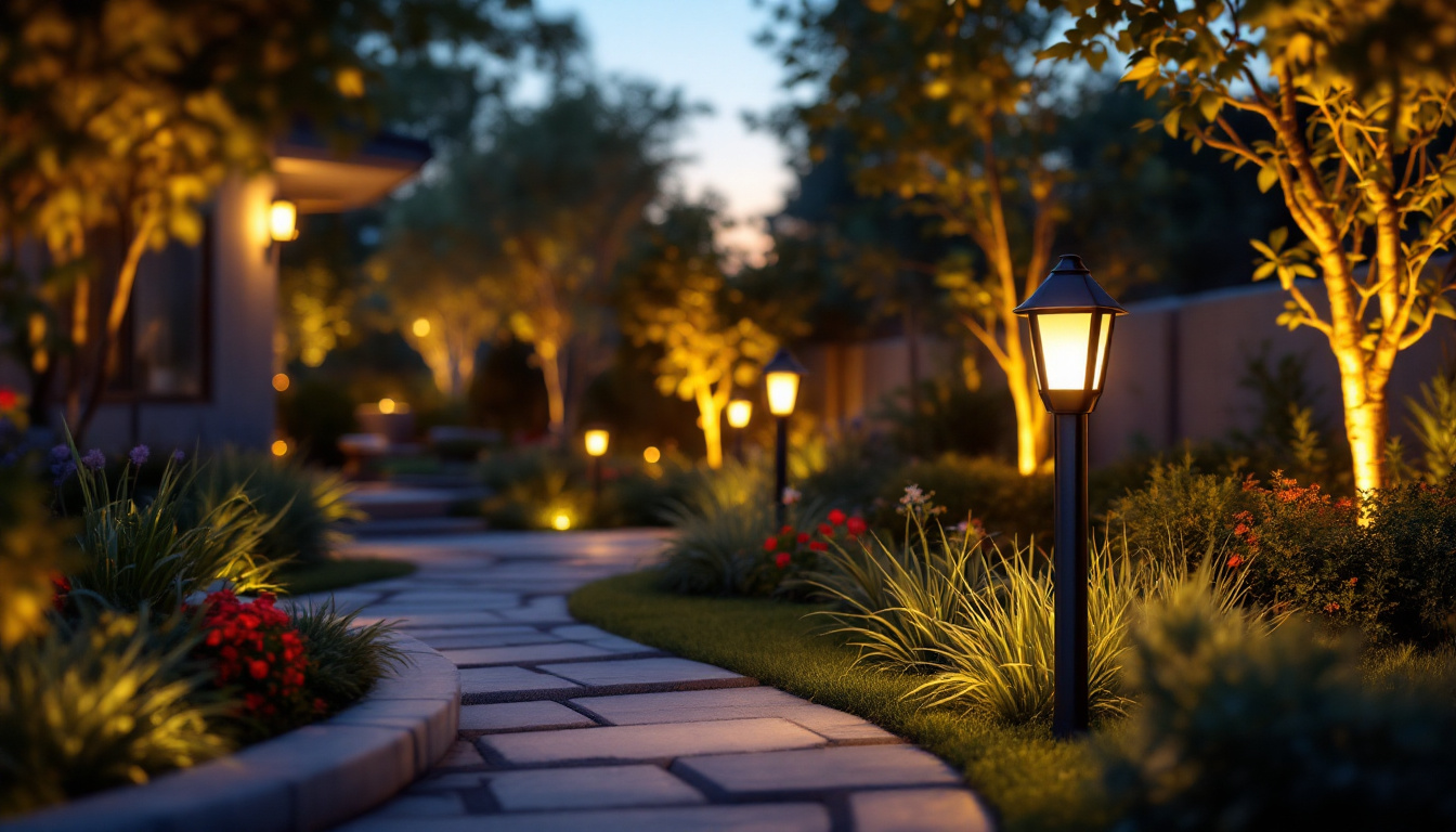 A photograph of a beautifully landscaped outdoor space illuminated by stylish solar lights at dusk