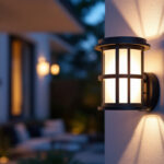 A photograph of a beautifully illuminated outdoor wall lighting fixture in a residential setting