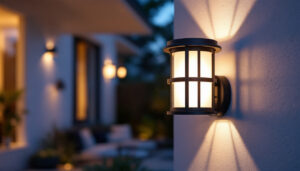 A photograph of a beautifully illuminated outdoor wall lighting fixture in a residential setting