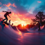 A photograph of a vibrant skateboarding scene at sunset