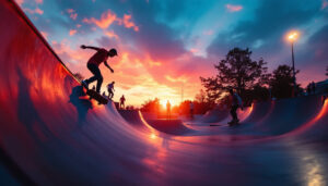 A photograph of a vibrant skateboarding scene at sunset