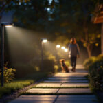 A photograph of a well-lit outdoor area featuring motion detector lights in action
