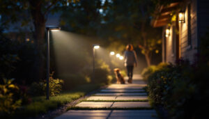 A photograph of a well-lit outdoor area featuring motion detector lights in action