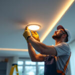 A photograph of a skilled lighting contractor installing recessed led lights in a modern home setting