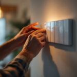 A photograph of a skilled lighting contractor expertly installing or adjusting a modern three-switch light switch in a stylishly lit home environment
