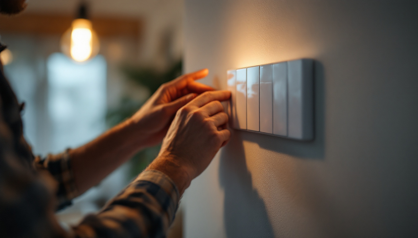 A photograph of a skilled lighting contractor expertly installing or adjusting a modern three-switch light switch in a stylishly lit home environment