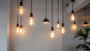 A photograph of a beautifully designed space featuring hanging led lights in various styles and arrangements