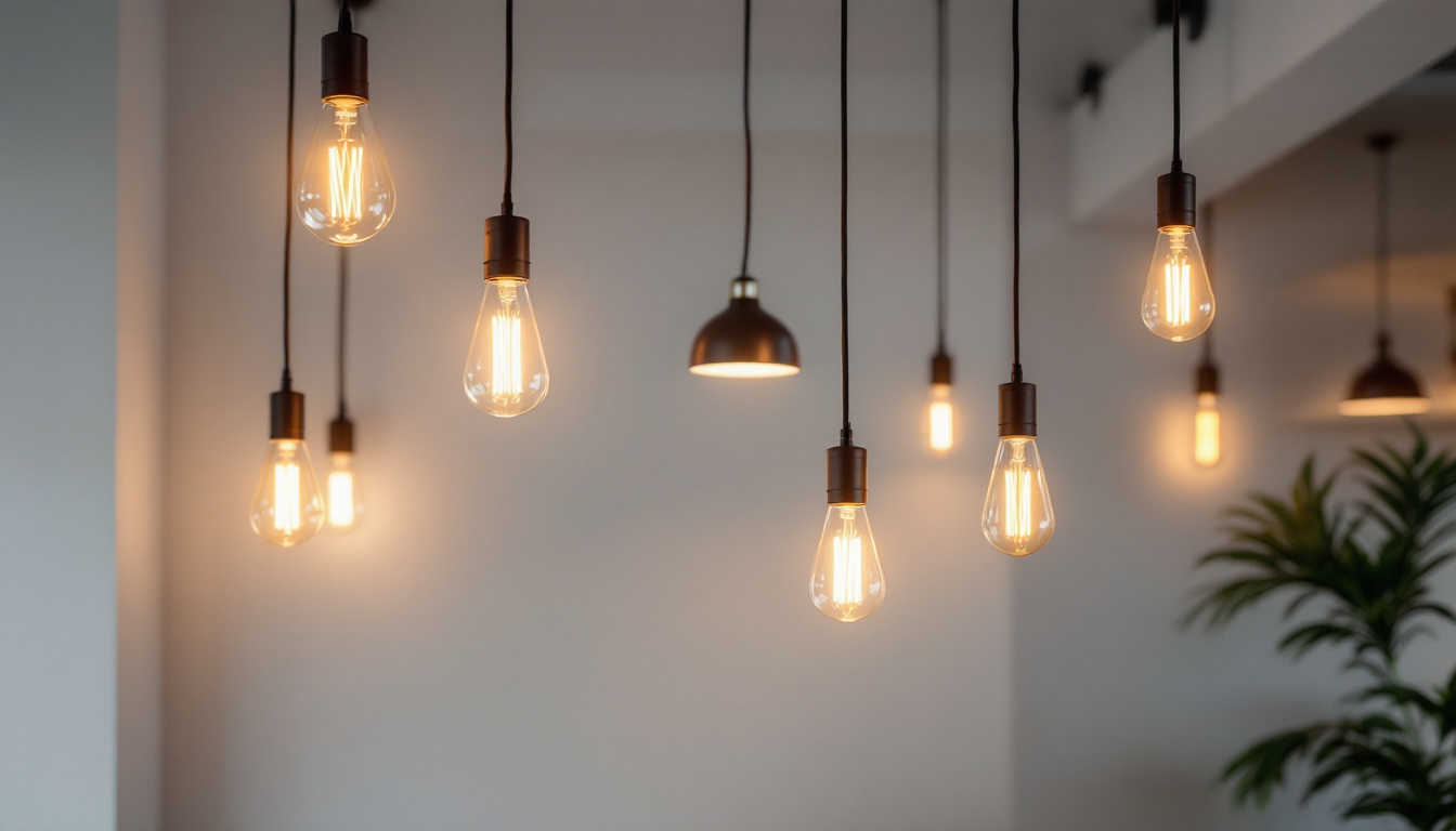 A photograph of a beautifully designed space featuring hanging led lights in various styles and arrangements