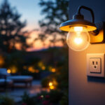 A photograph of a beautifully designed outdoor lighting setup that features an elegant light fixture with an integrated outlet