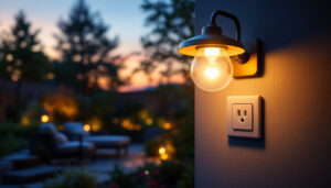 A photograph of a beautifully designed outdoor lighting setup that features an elegant light fixture with an integrated outlet