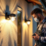 A photograph of a lighting contractor installing koda solar led lights in a residential or commercial setting