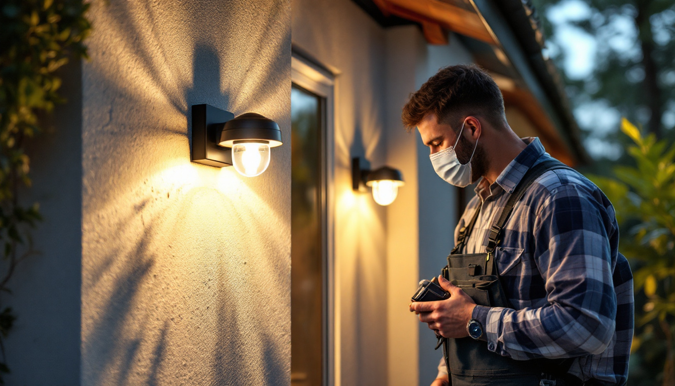 A photograph of a lighting contractor installing koda solar led lights in a residential or commercial setting