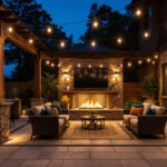 A photograph of a beautifully illuminated outdoor living space at dusk