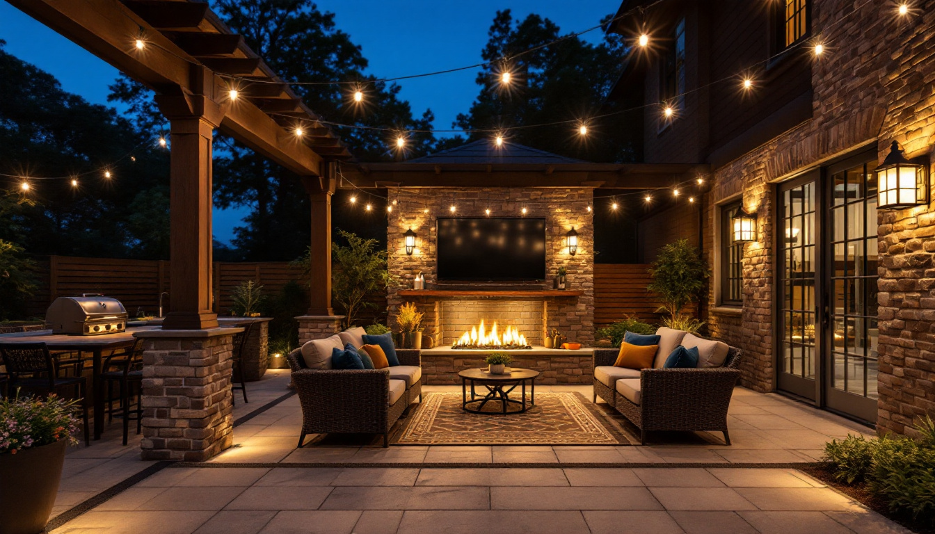 A photograph of a beautifully illuminated outdoor living space at dusk