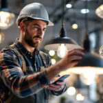 A photograph of a lighting contractor inspecting various lighting fixtures in a well-lit space