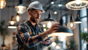 A photograph of a lighting contractor inspecting various lighting fixtures in a well-lit space