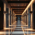 A photograph of a beautifully lit corridor showcasing the elegant interplay of downlights and architectural features