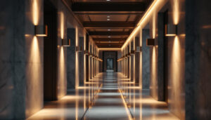 A photograph of a beautifully lit corridor showcasing the elegant interplay of downlights and architectural features
