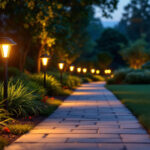 A photograph of a beautifully illuminated outdoor pathway featuring solar pathway lights