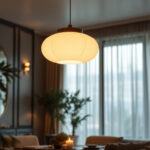 A photograph of a stylish round lamp suspended from the ceiling in an elegantly decorated room