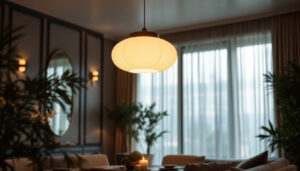 A photograph of a stylish round lamp suspended from the ceiling in an elegantly decorated room