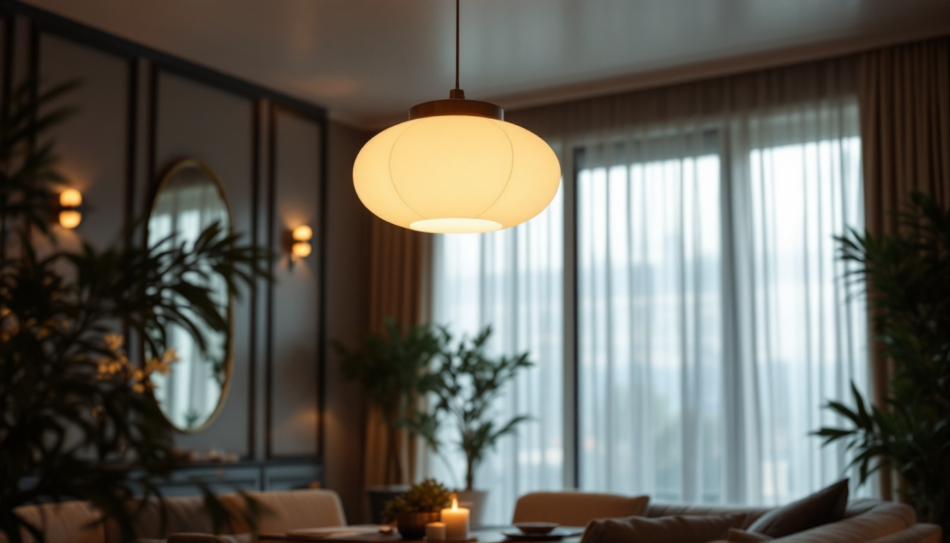 A photograph of a stylish round lamp suspended from the ceiling in an elegantly decorated room