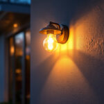 A photograph of a beautifully illuminated outdoor wall lamp installed on a stylish exterior wall