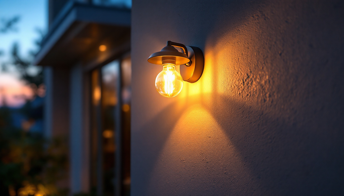 A photograph of a beautifully illuminated outdoor wall lamp installed on a stylish exterior wall