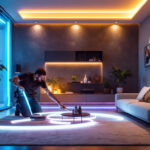 A photograph of a skilled lighting contractor installing vibrant led strip lighting in a modern interior space